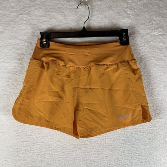Nike Running‎ Shorts Womens XS Yellow Logo Pocket Dri-Fit Built-in-Brief 7403 - Picture 1 of 8